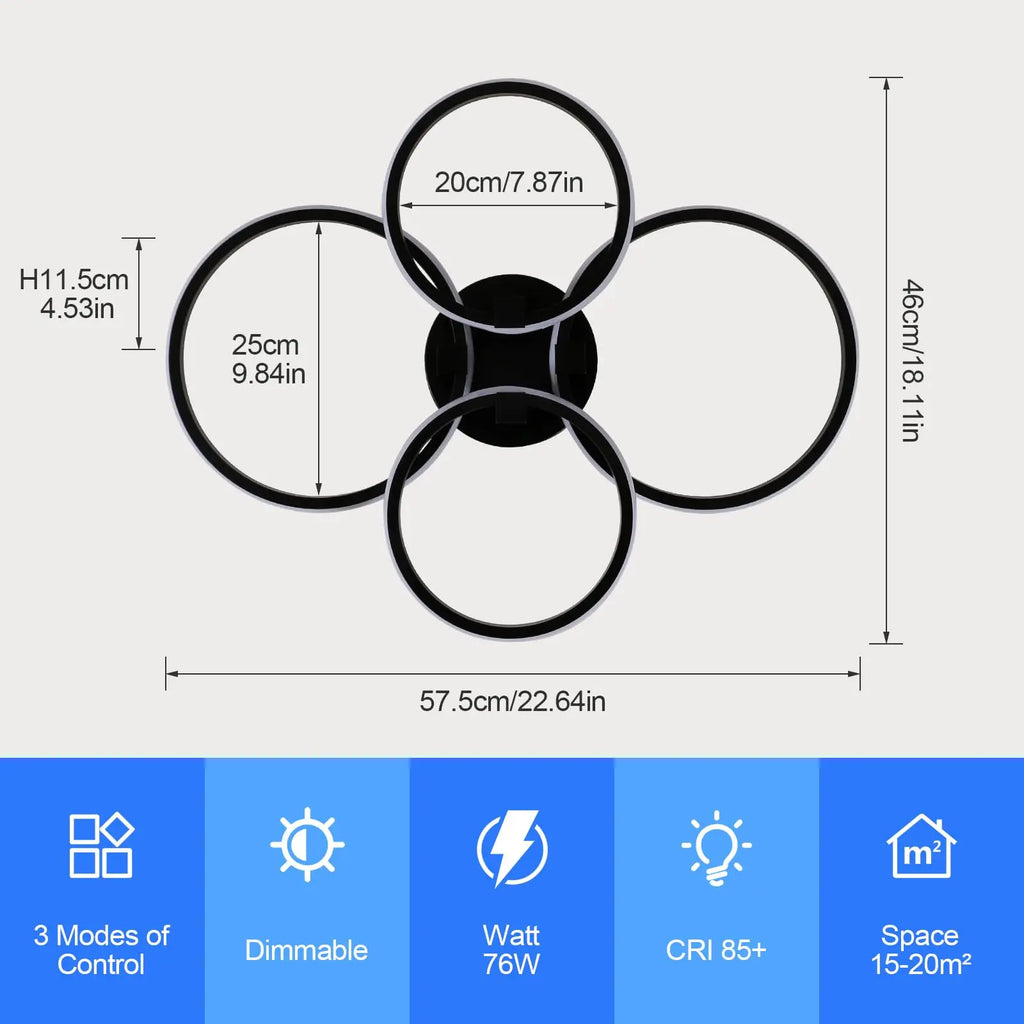 Modern Led Dimmable Ceiling Light,4 Round LED Ceiling Lamp with Remote Control 3000K-6500K,76W LED Chandelier Light Fixture