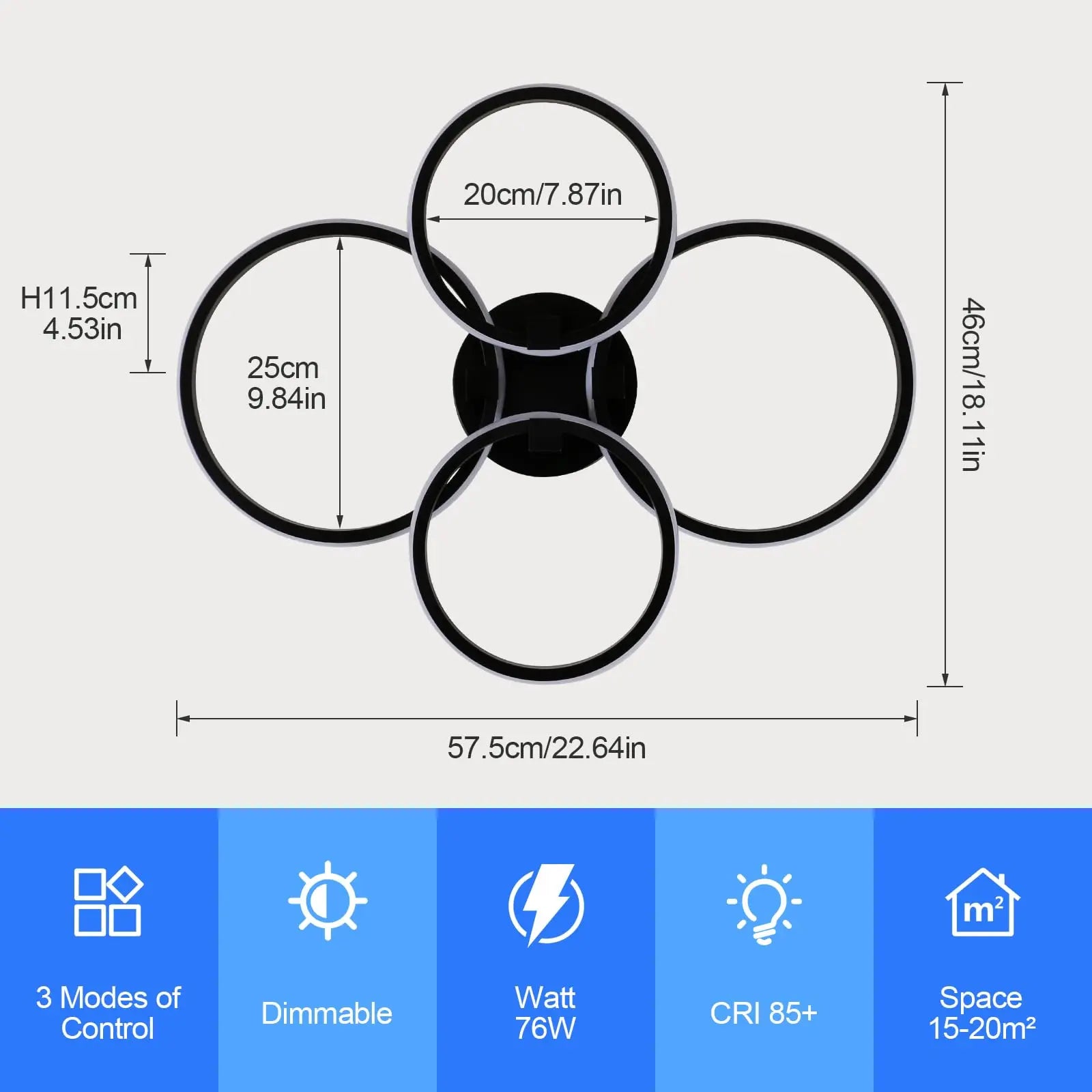 Modern Led Dimmable Ceiling Light,4 Round LED Ceiling Lamp with Remote Control 3000K-6500K,76W LED Chandelier Light Fixture