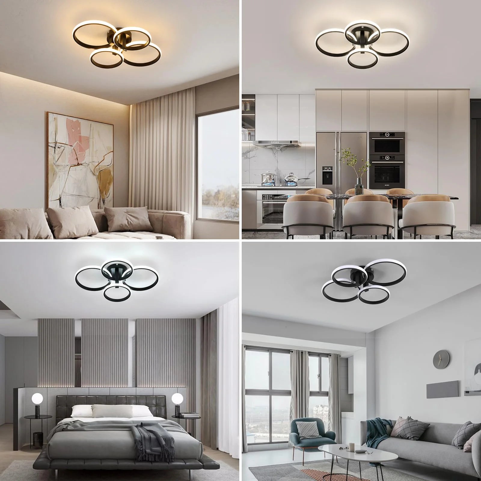 Modern Led Dimmable Ceiling Light,4 Round LED Ceiling Lamp with Remote Control 3000K-6500K,76W LED Chandelier Light Fixture