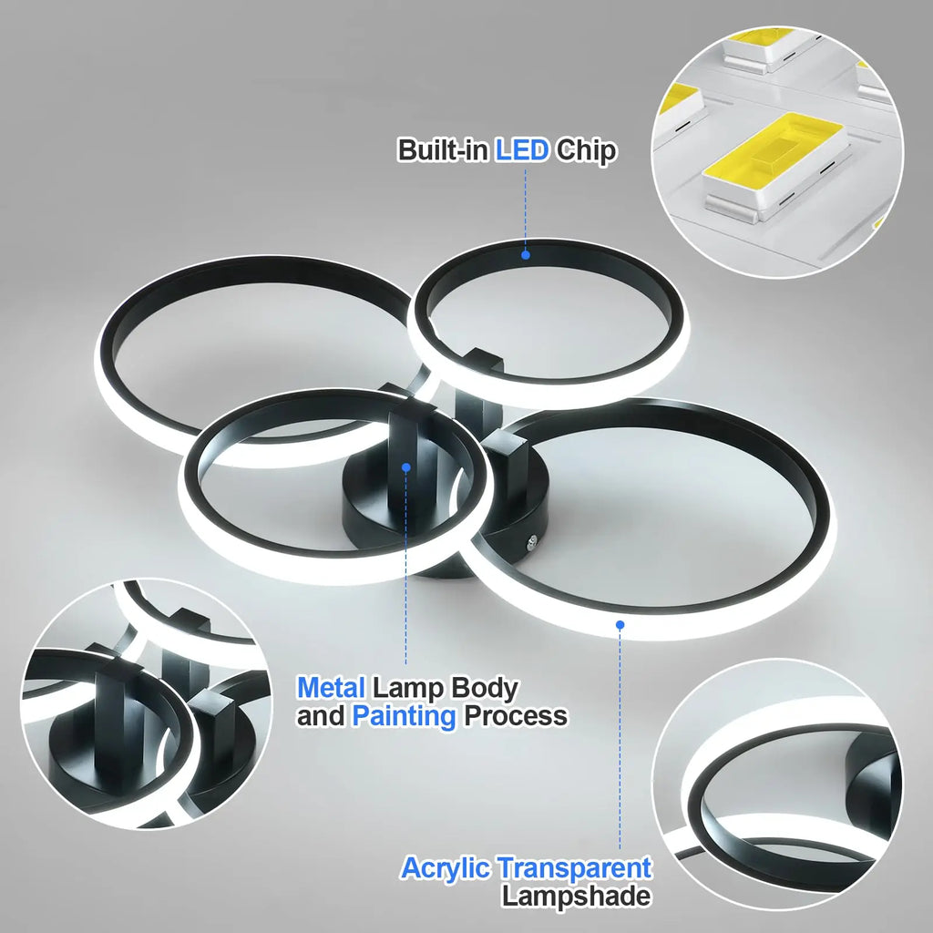 Modern Led Dimmable Ceiling Light,4 Round LED Ceiling Lamp with Remote Control 3000K-6500K,76W LED Chandelier Light Fixture