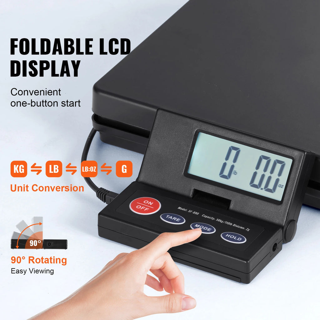 SucceBuy 110 lbs Digital Postal Shipping Scale with Timer 90° Foldable LCD Screen AC/DC Powered Package Scale for Laggage Home