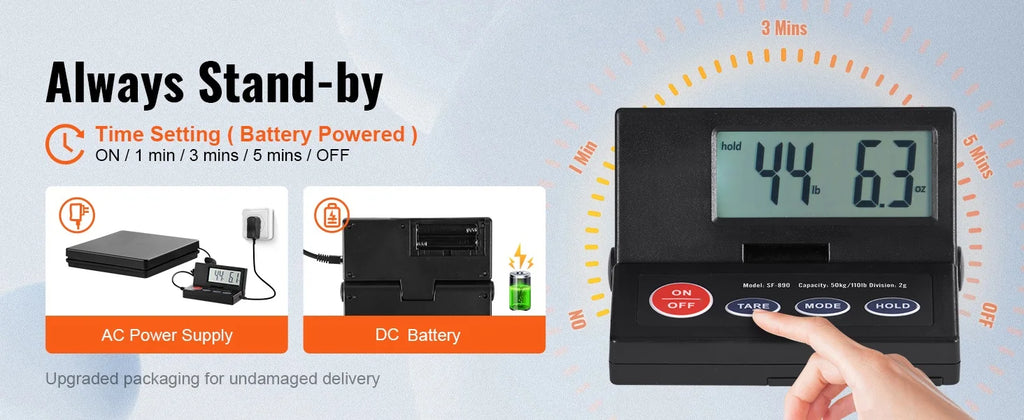 SucceBuy 110 lbs Digital Postal Shipping Scale with Timer 90° Foldable LCD Screen AC/DC Powered Package Scale for Laggage Home